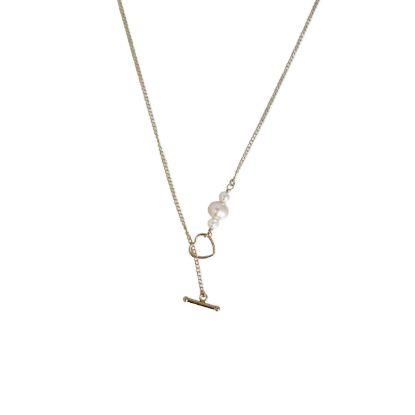 Gold Filled curb chain lariat necklace with heart toggle and freshwater pearl charm
