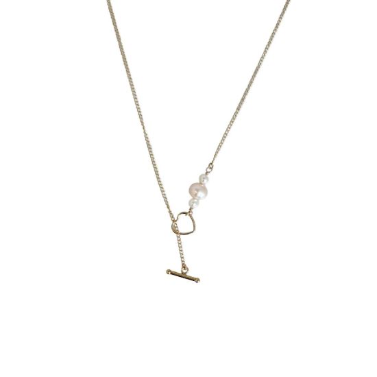 Gold Filled curb chain lariat necklace with heart toggle and freshwater pearl charm