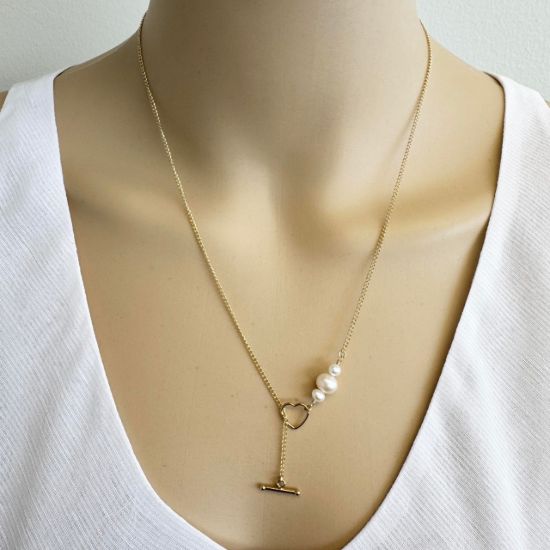 Gold Filled curb chain lariat necklace with heart toggle and freshwater pearl charm