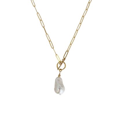 wholesale gold filled paperclip chain necklace with toggle and baroque freshwater pearl charm