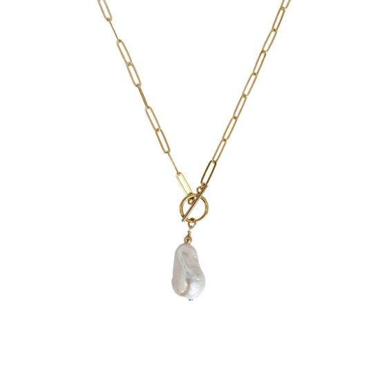 wholesale gold filled paperclip chain necklace with toggle and baroque freshwater pearl charm