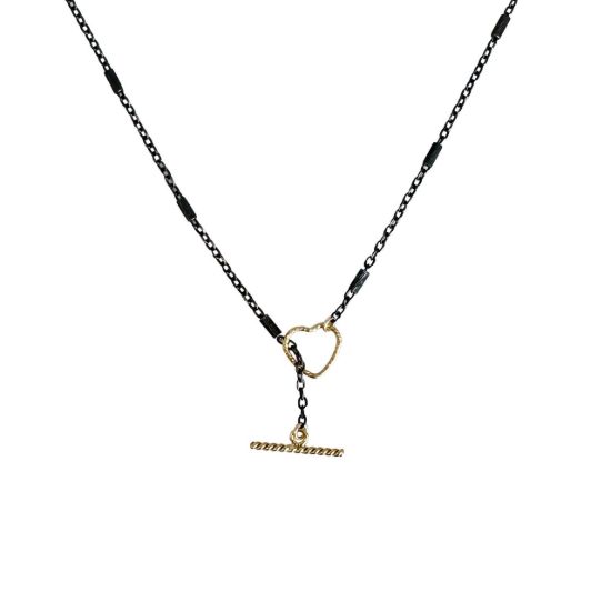 wholesale oxidized sterling silver satellite lariat chain necklace with gold filled heart toggle