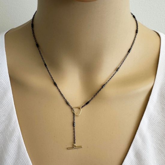 wholesale oxidized sterling silver satellite lariat chain necklace with gold filled heart toggle