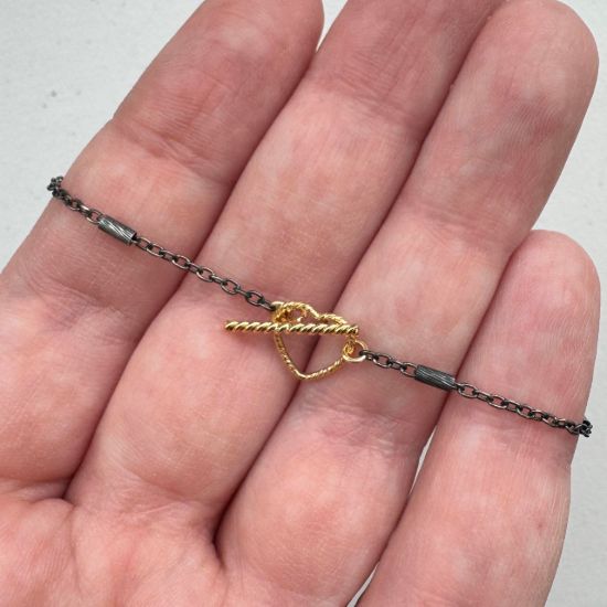 wholesale oxidized sterling silver satellite lariat chain necklace with gold filled heart toggle