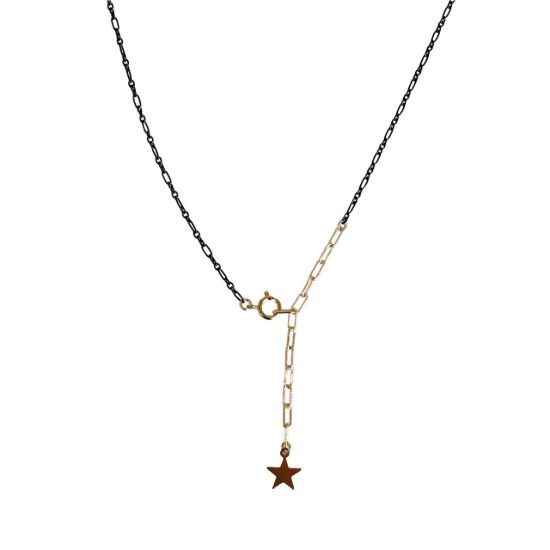wholesale adjustable oxidized sterling silver cable chain necklace lariat with gold filled spring ring clasp and star charm