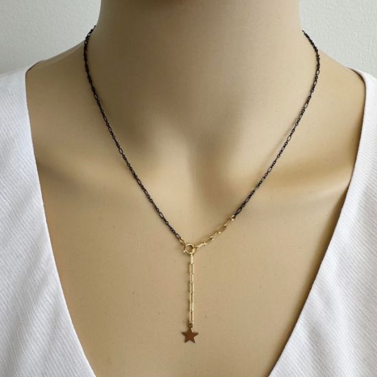 wholesale adjustable oxidized sterling silver cable chain necklace lariat with gold filled spring ring clasp and star charm