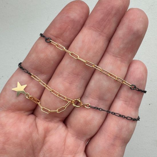 wholesale adjustable oxidized sterling silver cable chain necklace lariat with gold filled spring ring clasp and star charm