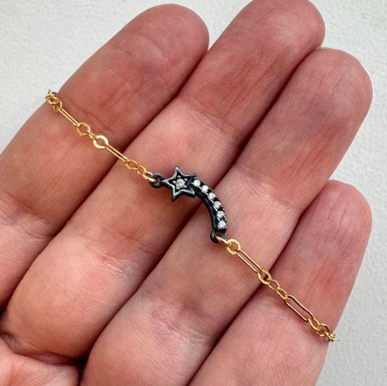 wholesale gold filled paperclip adjustable chain bracelet with oxidized sterling silver shooting star charm connector