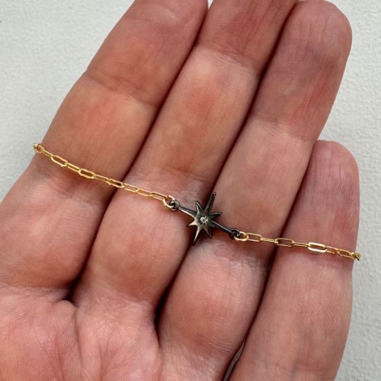 wholesale gold filled paperclip adjustable chain bracelet with oxidized sterling silver north star charm connector