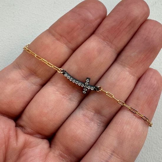 wholesale gold filled paperclip adjustable chain bracelet with oxidized sterling silver cross charm connector