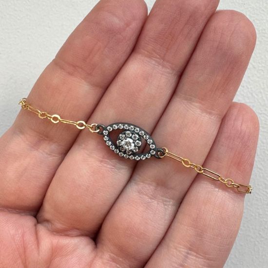 wholesale gold filled paperclip adjustable chain bracelet with oxidized sterling silver evil eye charm connector