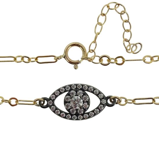 wholesale gold filled paperclip adjustable chain bracelet with oxidized sterling silver evil eye charm connector