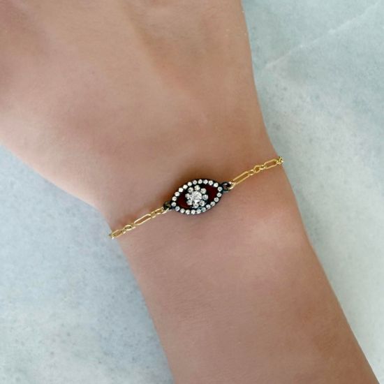 wholesale gold filled paperclip adjustable chain bracelet with oxidized sterling silver evil eye charm connector