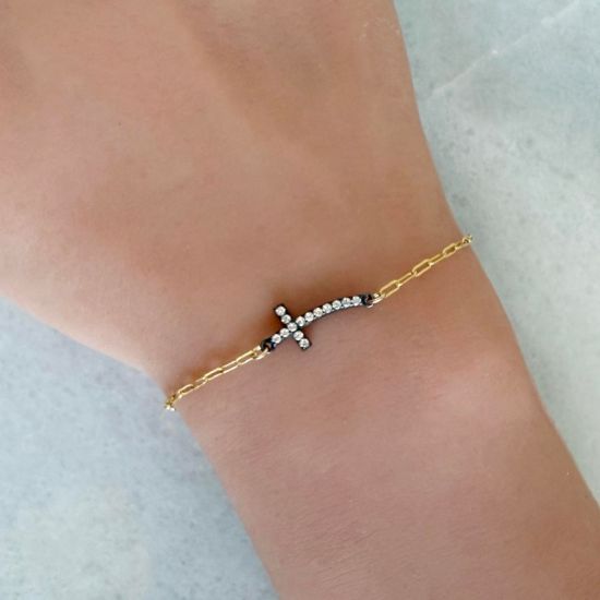 wholesale gold filled paperclip adjustable chain bracelet with oxidized sterling silver cross charm connector