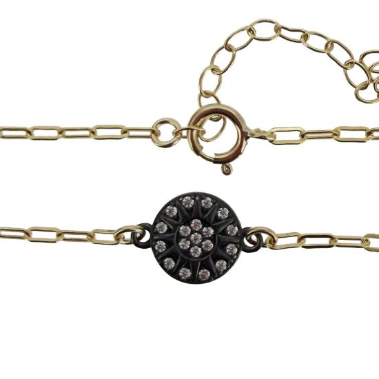 wholesale gold filled paperclip adjustable chain bracelet with oxidized sterling silver sun burst charm connector