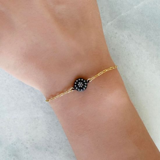 wholesale gold filled paperclip adjustable chain bracelet with oxidized sterling silver sun burst charm connector