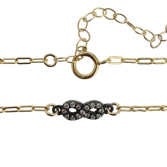 wholesale gold filled paperclip adjustable chain bracelet with oxidized sterling silver infinity charm connector