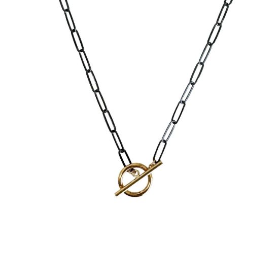 wholesale oxidized sterling silver flattened paperclip chain necklace with gold filled toggle closure