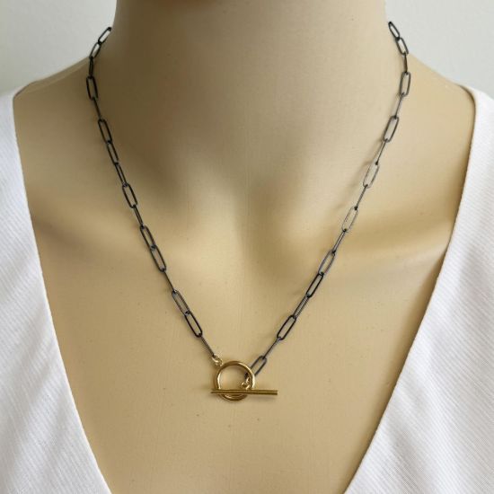 wholesale oxidized sterling silver flattened paperclip chain necklace with gold filled toggle closure