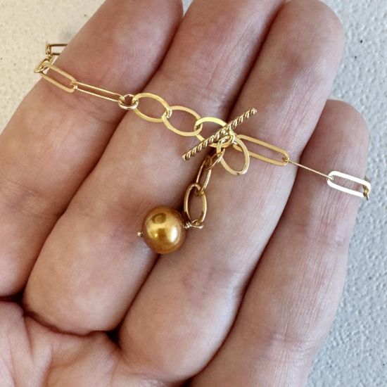wholesale gold filled paperclip chain bracelet adjustable freshwater pearl toggle