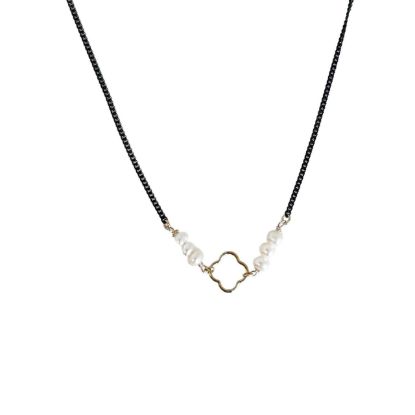 wholesale oxidized sterling silver curb chain necklace adjustable pearl charms clover shaped charm