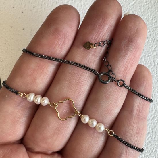 wholesale oxidized sterling silver curb chain necklace adjustable pearl charms clover shaped charm