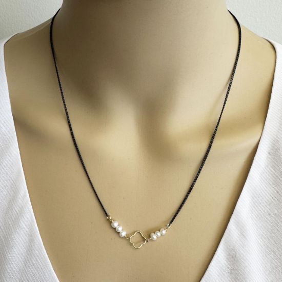 wholesale oxidized sterling silver curb chain necklace adjustable pearl charms clover shaped charm