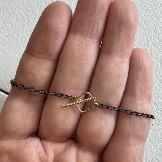 wholesale oxidized sterling silver diamond cut box chain necklace with gold filled toggle closure clover shaped adjustable