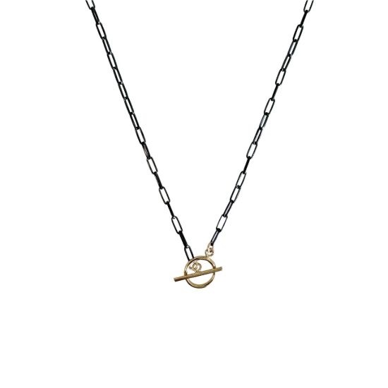 wholesale oxidized paperclip chain necklace with round gold filled toggle closure adjustable