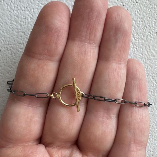 wholesale oxidized paperclip chain necklace with round gold filled toggle closure adjustable