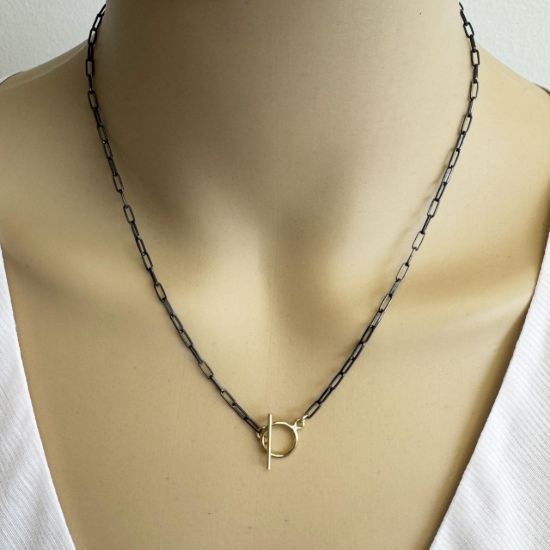 wholesale oxidized paperclip chain necklace with round gold filled toggle closure adjustable