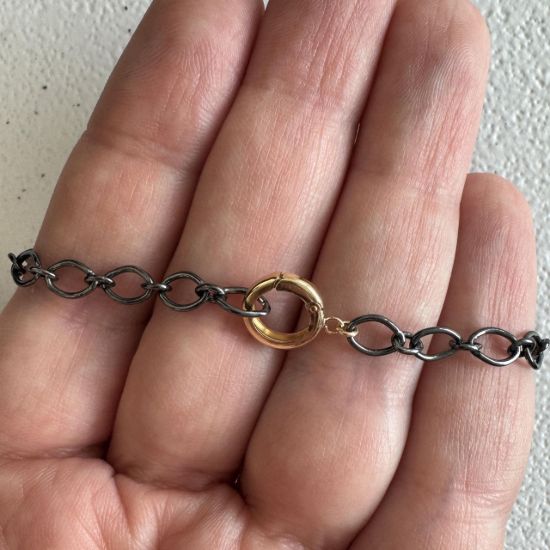 wholesale oxidized sterling silver 1 + 1 cable chain necklace with gold filled push gate no trigger clasp adjustable