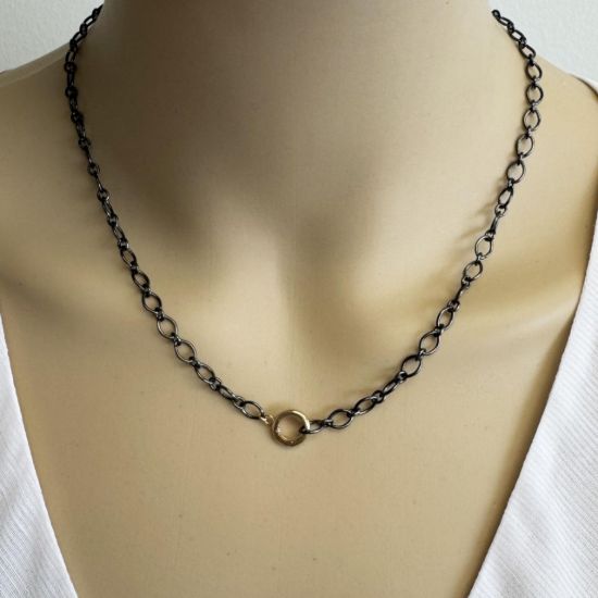 wholesale oxidized sterling silver 1 + 1 cable chain necklace with gold filled push gate no trigger clasp adjustable