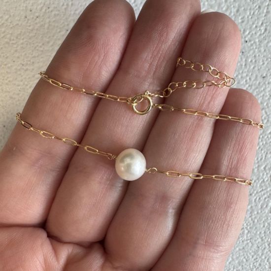 wholesale gold filled floating pearl adjustable paperclip chain necklace freshwater pearl white off round
