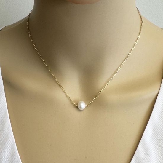wholesale gold filled floating pearl adjustable paperclip chain necklace freshwater pearl white off round