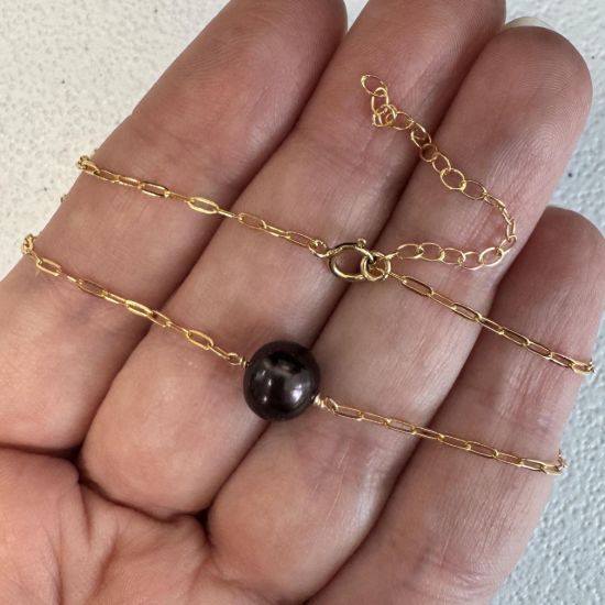 wholesale black freshwater pearl gold filled paperclip chain adjustable necklace