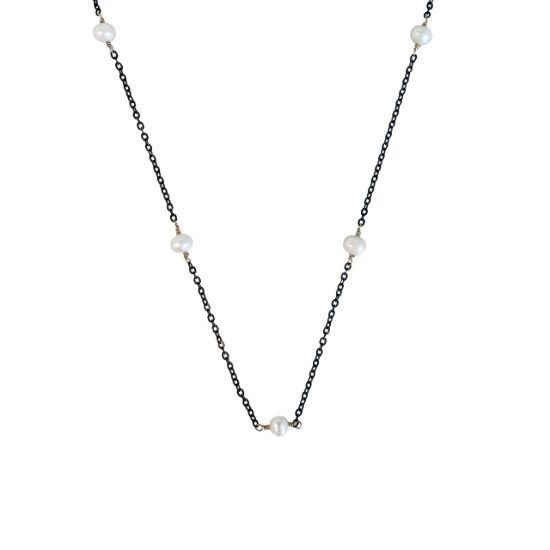 wholesale oxidized sterling silver gold filled adjustable freshwater pearl station necklace cable chain