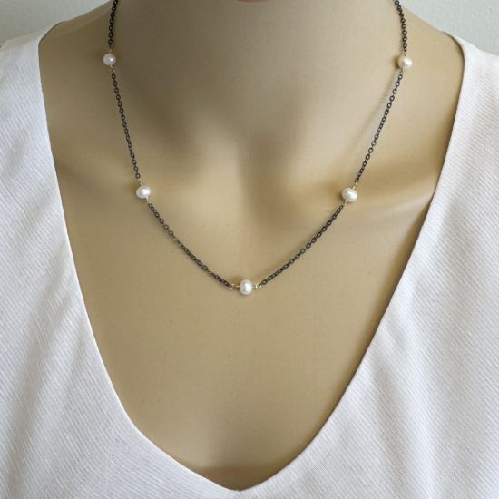 wholesale oxidized sterling silver gold filled adjustable freshwater pearl station necklace cable chain