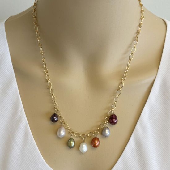 wholesale gold filled multicolor pearl charm necklace cable chain chunky adjustable