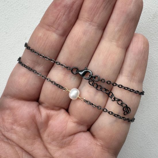 wholesale oxidized sterling silver gold filled adjustable freshwater pearl station necklace cable chain