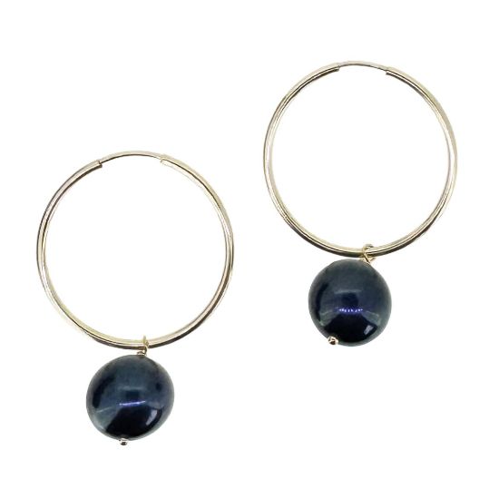 wholesale gold filled hoop earrings with navy blue freshwater round pearl
