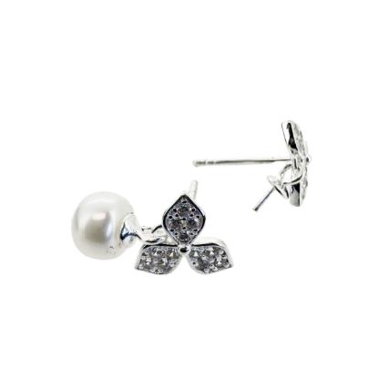 Wholesale Sterling Silver Fancy CZ Stone Three Leaf Flower Bridal Earrings (Sold per pair)