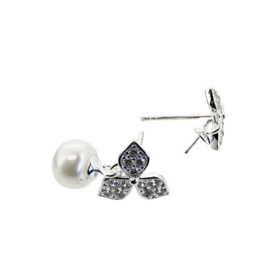 Wholesale Sterling Silver Fancy CZ Stone Three Leaf Flower Bridal Earrings (Sold per pair)