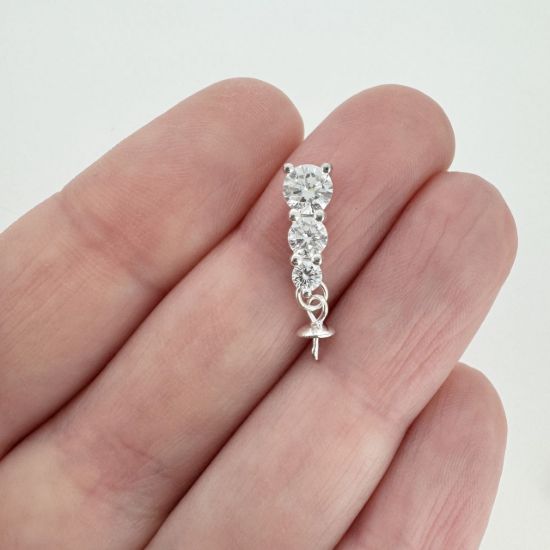 Sterling Silver Peg Bail Cap with CZ Stones for Half Drilled Pearls and Beads -  past present future