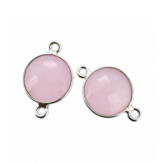 Wholesale Sterling Silver Pink Chalcedony Coin Bezel Gemstone Connector Links, Wholesale Gemstone Charms and Pendants for Jewelry Making