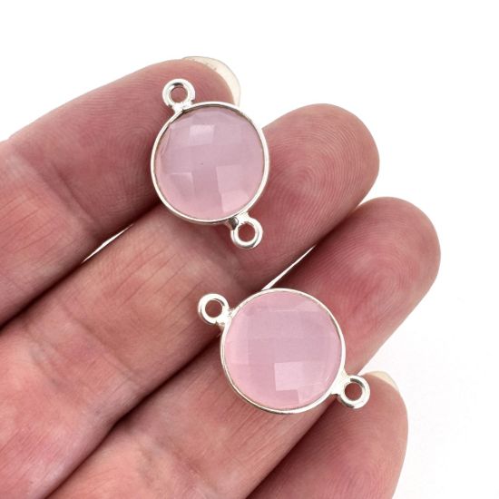 Wholesale Sterling Silver Pink Chalcedony Coin Bezel Gemstone Connector Links, Wholesale Gemstone Charms and Pendants for Jewelry Making