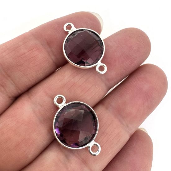 Wholesale Sterling Silver Pink Amethyst Quartz Coin Bezel Gemstone Connector Links, Wholesale Gemstone Charms and Pendants for Jewelry Making