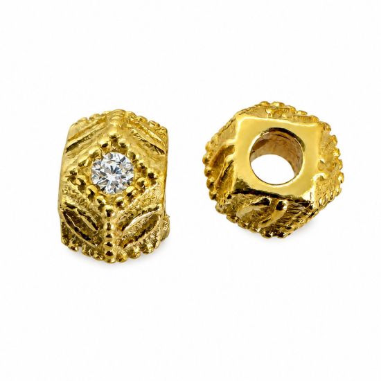 Wholesale Gold over Sterling Silver Bead Spacer- 4.5mm Textured Fancy Cube with CZ stones (sold per piece)