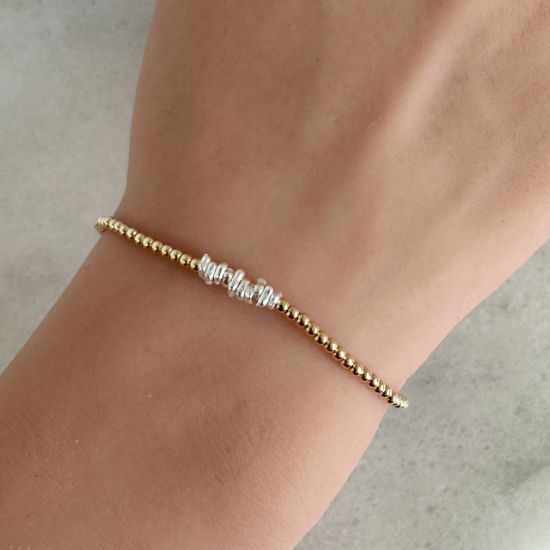 Wholesale 14K Gold Filled and Sterling Silver Mixed Metal -Two Toned Smooth Beaded Stretchy Bracelet 2mm Beads- 6.5"