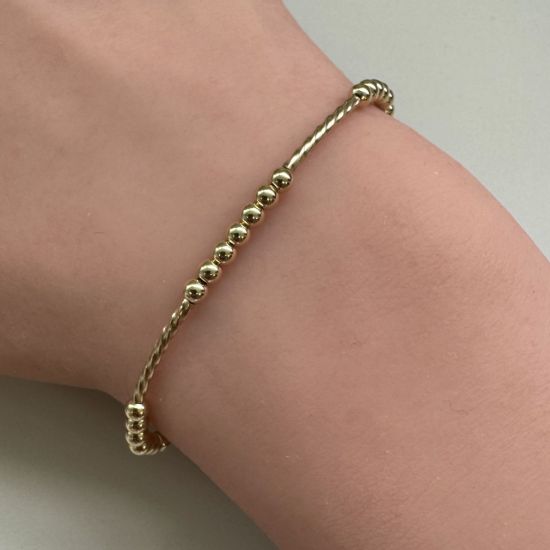 Wholesale 14K Gold Filled 3mm Smooth Beaded Stretchy Bracelet with Twisted Curved Tube- 6.5"